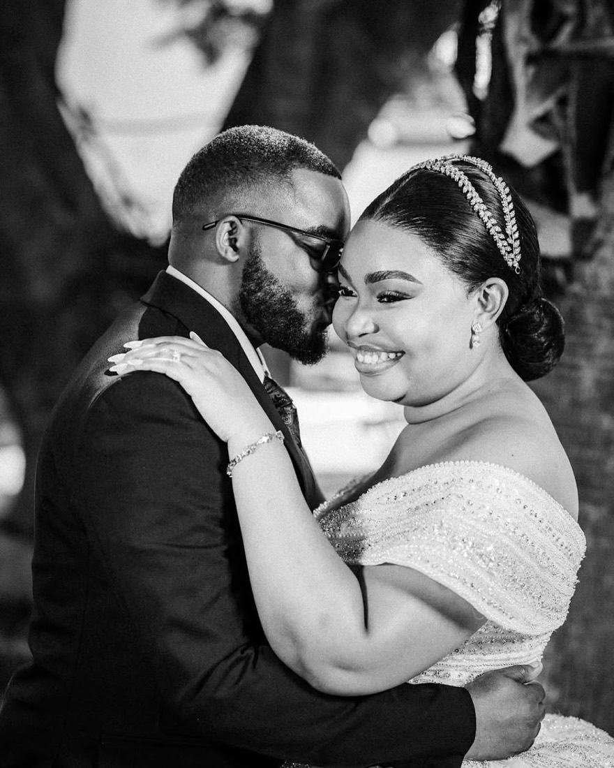 Black and white portrait of bride and groom