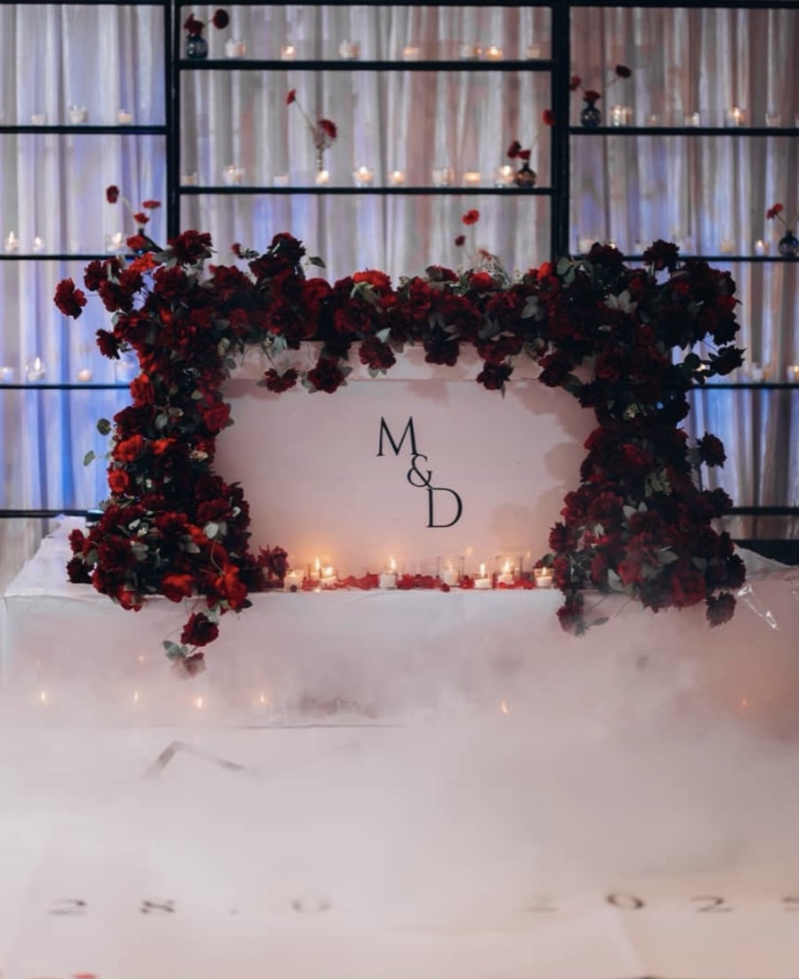 Candlelit sweetheart table with red roses